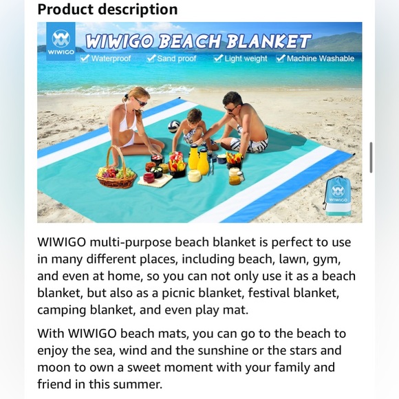 NIB - Sandproof 79” X 82” Oversized Beach Blanket in Color: Lake Blue - Picture 5 of 13